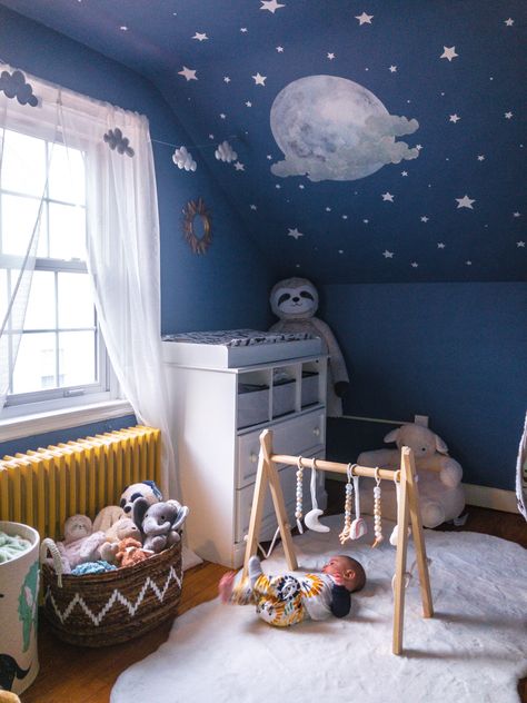 Sloped Ceiling Nursery, Navy Blue Nursery Boy, Starry Night Nursery, Moon Stars Nursery, Navy Blue Nursery, Night Nursery, Blue Nursery Boy, Nursery Room Inspiration, Baby Boy Nursery