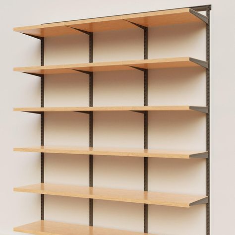 Track Shelving, Shallow Pantry, Elfa Shelving, Simplified Living, Shop Shelving, Shelving Storage, Laundry Room Shelves, Shelving Solutions, Pantry Shelving