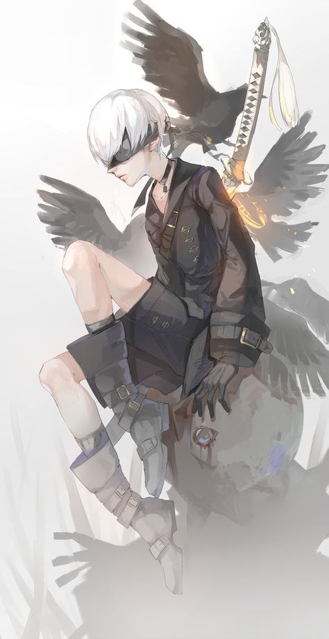 1boy android bird bird_wings blindfold boots buckle choker collarbone gloves highres katana koou_ma lips long_sleeves male_focus nier_(series) nier_automata pale_skin short_hair shorts sitting solo strap sword weapon weapon_on_back white_hair wings yorha_no._9_type_s Nier Characters, Novel Game, 2b Nier Autómata, Nier Automata, Video Game Art, Manga Comics, White Hair, Anime Images, Anime Character