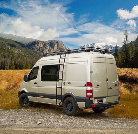 Sprinter van with Aluminess roof rack and ladder #aluminess #roofrack #ladder #sprintervan Sprinter Motorhome, Off Road Bumpers, Sprinter Van Conversion, Van Home, Cool Vans, Van Design, Roof Racks, Sprinter Van, Mercedes Sprinter