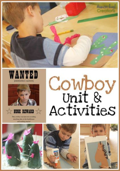 cowboy theme unit and activities for preschool and kindergarten from Homeschool Creations Western Theme For Preschool, Preschool Western Activities, Texas Rodeo Crafts Preschool, Wild West Prek Activities, Wild West Lesson Plans Preschool, Cowboys Preschool Activities, Western Crafts For Preschoolers, Rodeo Lesson Plans Preschool, Preschool Cowboy Activities