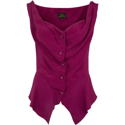 Anglomania by Vivienne Westwood Purple Sunday Buttoned Peplum Top ($200) ❤ liked on Polyvore featuring tops, shirts, vests, vest top, folding shirts, button front shirt, purple sleeveless shirt and purple peplum top Folding Shirts, Purple Vest, Asymmetrical Shirt, Sleeveless Peplum Top, 2000s Fashion, Fashion Sewing, Vivienne Westwood, Classy Outfits, Aesthetic Clothes