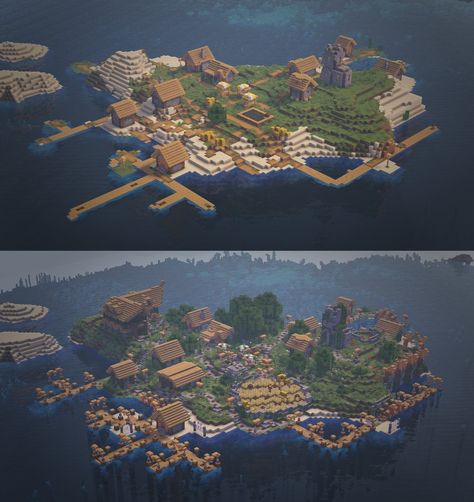 Minecraft Costal Village, Island Village Minecraft, Minecraft Upgraded Village, Minecraft Island Village, Minecraft Village Upgrade Ideas, Minecraft Coastal Village, Minecraft Small Village, Minecraft Village Upgrade, Minecraft Village Layout