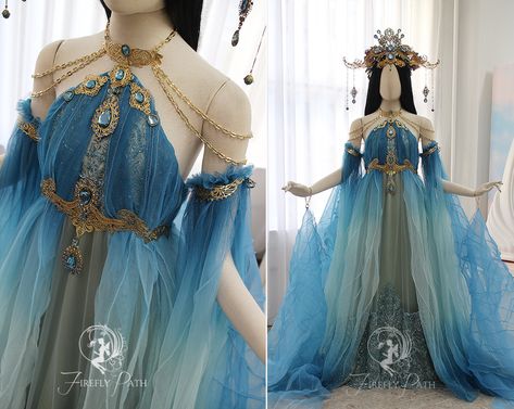 Ocean Goddess Gown by Firefly-Path on DeviantArt Firefly Path, Ocean Goddess, Ocean Dress, Gaun Abad Pertengahan, Goddess Outfit, Goddess Gown, Fantasy Dresses, Goddess Dress, Sea Witch