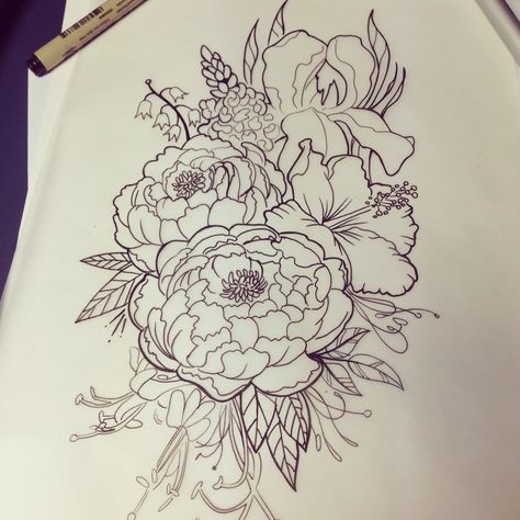 Peony, honeysuckle, hibiscus, iris Peony And Hibiscus Tattoo, Flower Hip Tattoos, Iris Tattoo, Hibiscus Tattoo, Peonies Tattoo, Hip Tattoo, Chest Tattoo, Dreamcatcher Tattoo, Flash Tattoo