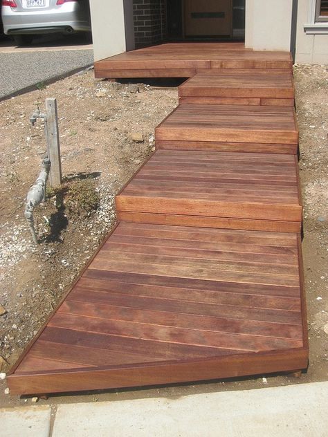 Merbau decking to front door. Instead of concrete walkway.                                                                                                                                                      More Box Steps, Merbau Decking, Walkway Design, Modern Front Yard, Concrete Walkway, Deck Steps, Wooden Walkways, Garden Stairs, Outdoor Stairs