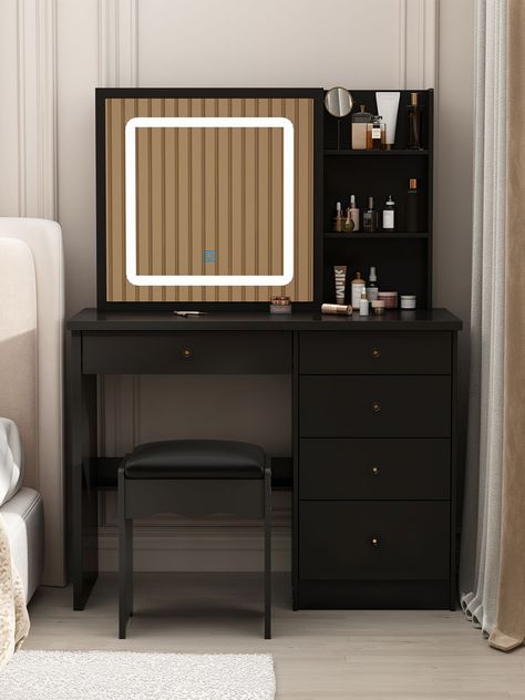 living room vanity Men’s Vanity, Make Up Vanities, Black Vanity Bedroom, Mens Vanity, Small Vanity Ideas Bedroom, Living Room Vanity, Storage Vanity, Room Vanity, Makeup Desk