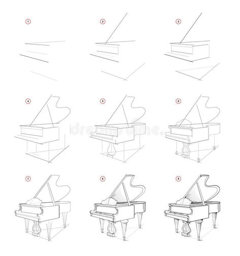 Piano Art Reference, Piano Illustration Drawings, Grand Piano Painting, How To Draw A Piano Step By Step, Piano Drawing Pencil, How To Draw Piano, How To Draw A Piano, Piano Sketch Draw, Piano Art Draw