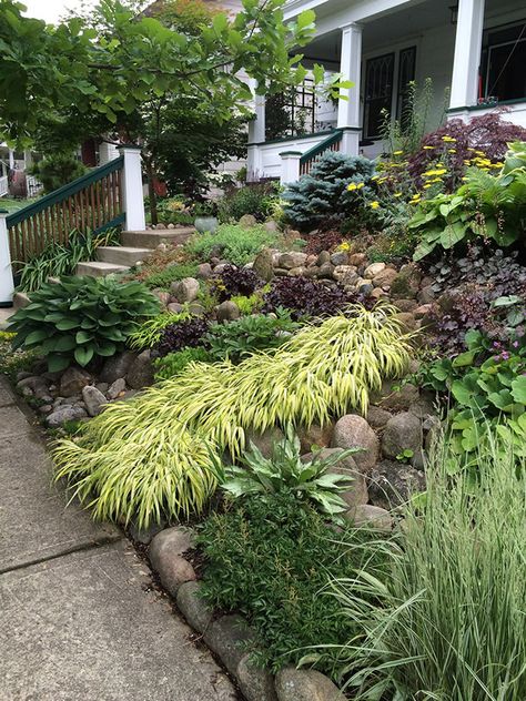 Garden Slope, Rock Wall Gardens, Backyard Retaining Walls, Shady Garden, Hillside Garden, Hillside Landscaping, Sloped Garden, Cottage Garden Plants, Front Landscaping