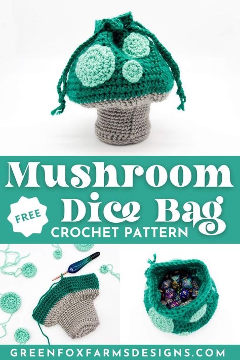 Mushroom dice Bag PIN 3 Mushroom Dice Bag Crochet Pattern, Crochet Dragon Bag Pattern Free, Easy Crochet Mushroom Pattern Free, Dice Bag Knitting Pattern, Dnd Knitting Pattern, Crochet Hacky Sack Pattern Free, Dice Bag Crochet Pattern Free, Crochet Patterns For Stoners, D&d Crochet Pattern