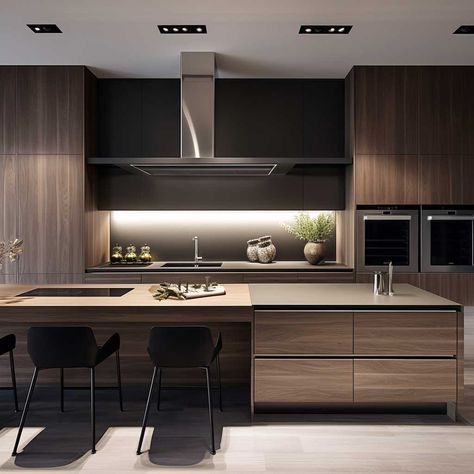 Modern Dark Brown Kitchen, All Black Kitchen Modern Luxury, Dark Kitchen Aesthetic Modern, Big Kitchen Ideas Luxury, Luxury Kitchen Design Wood Cabinets, Modern Luxury Kitchen 2024, Small Luxury Kitchen, Modern Dark Kitchen, Big Kitchen Ideas