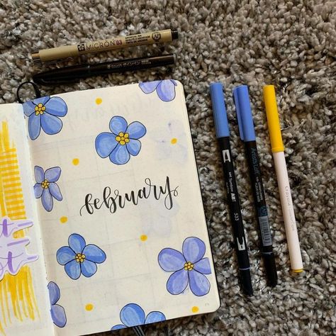 Month Journal Ideas February, Journal Month Page February, Jornal Idea February, Bullet Journal Month Cover February, Journaling Monthly Layout, February Journal Page, February Planner Ideas, February Journal Cover, Journal Ideas February