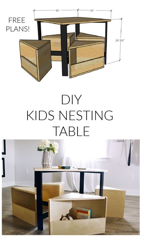 Build thid ADORABLE kids nesting table with a desk and four storage cubby seats from just one plywood sheet and four basic tools! Perfect for kids playroom or to use as a homeschool desk.  Slide the cubbies underneath the table when finished to store away neatly in the corner. DIY kids desk free plans on the blog Diy Kids Desk, Diy Kids Table, Diy Kids Furniture, Storage Cubby, Kids Desk, Nesting Table, Kids' Desk, Kids Table And Chairs, Desk And Chair Set