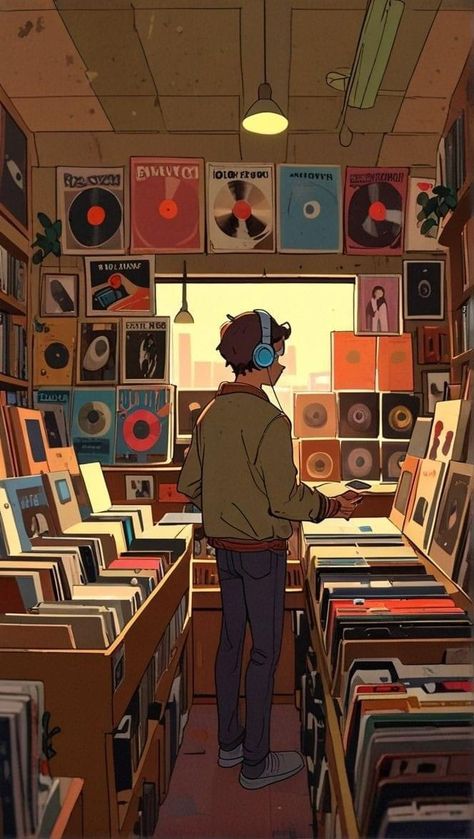 Record Store Illustration, Vinyl Record Art Aesthetic, Lofi Music, Hype Wallpaper, Pop Illustration, Vintage Illustration Art, Anime City, Pop Art Wallpaper, Cool Wallpapers Art