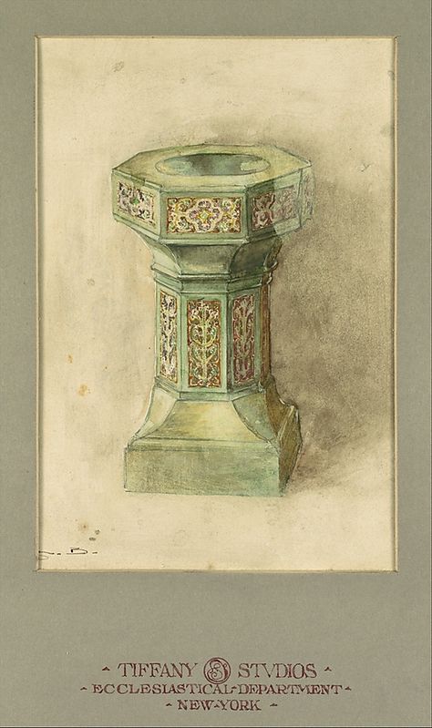 Design for baptismal font,  Louis Comfort Tiffany.  Watercolor, brown wash, and graphite on off-white wove paper (or artist board) in original warm grey matt. Baptismal Font Design, Baptismal Font, Jesse Tree, Church Furniture, Tiffany Studios, Soap Ideas, Simple Object, Louis Comfort Tiffany, Aesthetic Movement