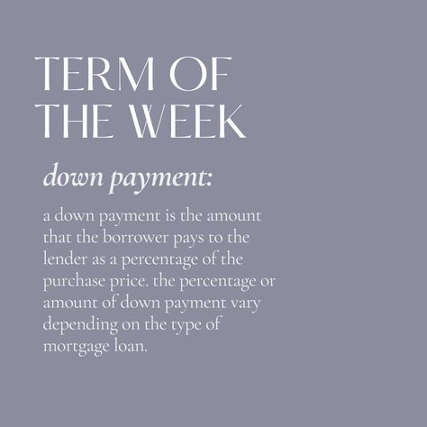 When applying for a mortgage, the down payment is your contribution toward the purchase and represents your initial ownership stake in the home. The mortgage lender provides the rest of the money to buy the property. Lenders require a down payment for most mortgages. However, some types of loans backed by the federal government, like VA loans, may not require down payments.   #joepratherrealtor #whosnextrealestate #realestateagent #RealEstateInvestor #realestatelife #realestatemarketing Word Wednesday Real Estate, Loan Officer Marketing Ideas, Mortgage Lender Marketing, Mortgage Loan Officer Marketing, Mortgage Lender Social Media Posts, How To Get Preapproved Mortgage, Pay Off Your Mortgage Early, Real Estate Slogans, Mortgage Memes Hilarious