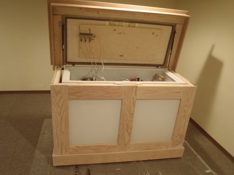 keezer | The Lousy Smarch Coffin Keezer build - Home Brew Forums Deep Freezer Makeover Wood, Hidden Freezer Chest, Hidden Deep Freezer In Kitchen, Hiding A Deep Freezer, Hiding Deep Freezer, Keezer Build, Deep Freezer, Chest Freezer, Carpentry Diy