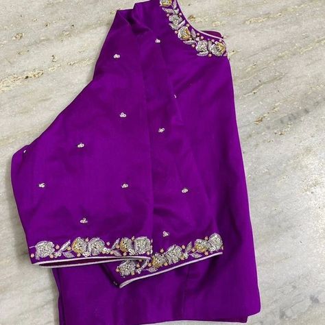 Elevate your wardrobe with our stunning Designer Zardosi Maggam Work Blouses! ✨ - Fabric : Half pattu/Raw Silk - Dispatch: 4 days - Price. : 1900unstitched - 2450stitched With customizable colors and sizes, each blouse is crafted to perfection, just for you! Don’t miss out—transform your outfit with a touch of tradition and elegance. Get yours now and stand out in any crowd! 🌸 Purple Blouse Work Designs, Purple Blouse Designs, Purple Saree Blouse, Saree Blouse Modern, Purple Color Saree, Zardosi Blouse, Embroidery Blouse Saree, Hand Embroidery Blouse, Ready Made Blouse