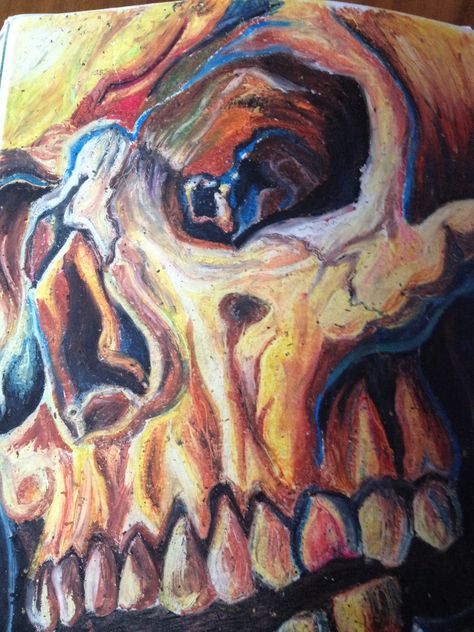 Oil pastel of a skull by Shahban Haque Skull Pastel Drawing, Skull Art Colorful, Oil Pastel Surrealism, Oil Pastel Skeleton, Skull Oil Pastel, Oil Pastel Inspiration, Oil Pastel Aesthetic, Oil Pastel Art Aesthetic, Oil Pastel Art Ideas Inspiration