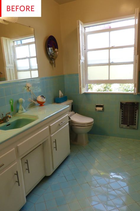 and somebody installed a new one directly on the wall, leaving the ugly cleats of the old one stuck in the tile. I wanted an uninterrupted run of Retro Blue Bathroom, Vintage Yellow Bathroom, 50s Bathroom, Vintage Tile Bathroom, Blue Bathroom Tile, Best Room, Yellow Tile, Retro Bathrooms, Bath Tiles