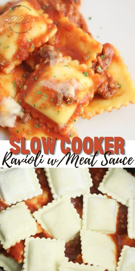 Ravioli with Meat Sauce Ravioli Recipe Crockpot, Home Made Ravioli Recipe, Ravioli With Meat Sauce, Frozen Ravioli Recipes, Ravioli Dinner Ideas, Cheese Ravioli Recipe, Slow Cooker Ravioli, Crockpot Lasagna Easy, Ravioli Recipes