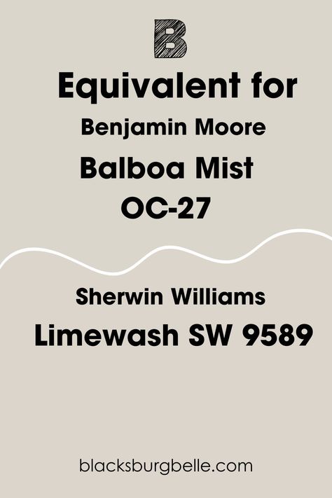 Every paint color is unique, so you won’t find an exact equivalent to Balboa Mist. But Sherwin Williams’s Limewash SW 9589 is a close match, especially when you compare the red, green, and blue (RGB) codes of both colors. Sw Limewash 9589, Balboa Mist Sherwin Williams Match, Sw Limewash, Sherwin Williams Limewash Paint Color, Sw Limewash Paint, Sherwin Williams Limewash, Limewash Sherwin Williams, Sherwin Williams Storm Cloud, Benjamin Moore Balboa Mist