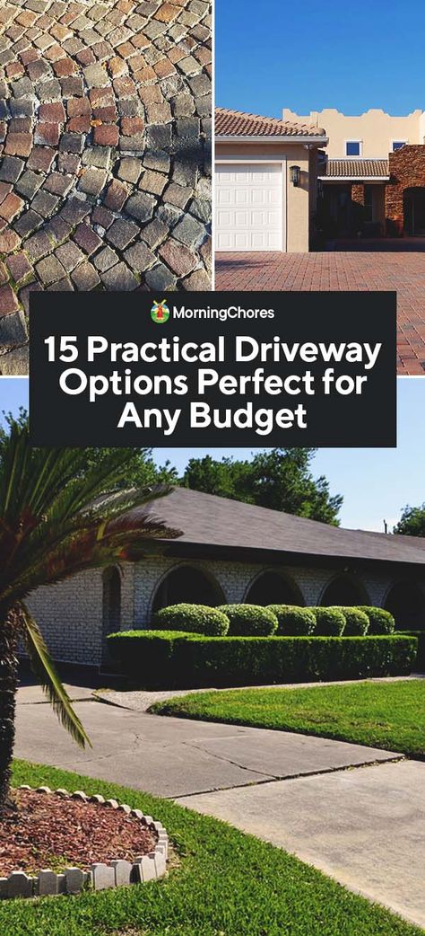 If you're looking for different driveway options to give your house a new look, we have 15 options to help you pick the right design for you & your budget. Driveway Backyard Ideas, Stone Parking Area, Driveway Layout Ideas, Courtyard Driveway Ideas, Large Driveway Landscaping, Backyard Parking Ideas, Alternative Driveway Ideas, Driveways Ideas Concrete, Parking Area In Front Of House