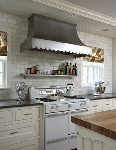 range hood ideas scalloped - Range Hood Ideas - 10 Smokin' Hot Designs - Bob Vila Vintage Stoves, Kitchen White, Kitchen Hoods, Kitchen Stove, White Countertops, Kitchen Paint, Trendy Kitchen, Painting Kitchen Cabinets, Counter Tops