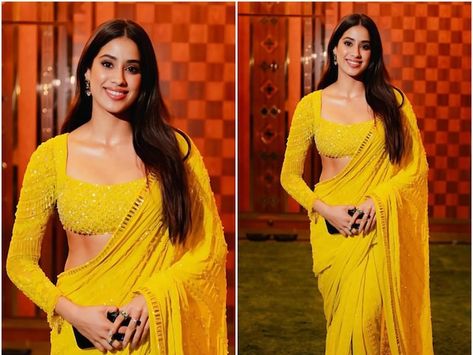 Janhvi Kapoor Yellow Saree, Ambani Lehenga, Lehenga Yellow, Anant Ambani And Radhika Merchant, Manish Malhotra Saree, Isha Ambani, Radhika Merchant, Anant Ambani, Haldi Function