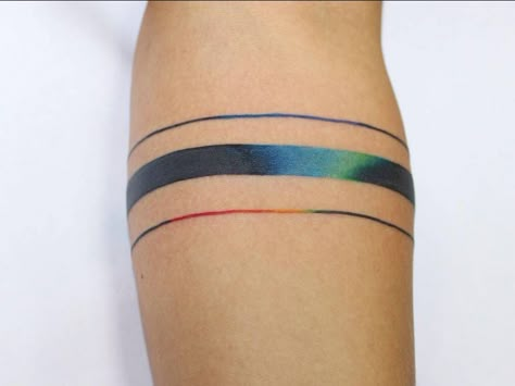 Spectrum armband tattoo on the forearm. Tattoo Artist: Ann Lilya Colored Armband Tattoo, Armband Tattoo Meaning, Model Tattoos, Armband Tattoos For Men, Band Tattoos, Armband Tattoos, Rainbow Tattoos, Tattoo Forearm, Armband Tattoo Design