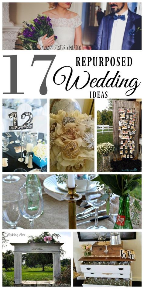 Whether you are looking to save money, want to repurpose or reuse items to create less waste, or want a rustic or vintage feel to your wedding, these 17 repurposed wedding ideas will help you get started planning your wedding.  Great for a green or low waste weddng.  Perfect for a low cost or budget wedding.  You can DIY / upcycle some fun projects.  Ideas for centerpieces, alter, reception, outdoor wedding, ideas for the bride, , wedding decor, table name cards, and more. Best Wedding Diy Projects, Wedding Recycle Decor, Recycled Wedding Decor, Vintage Decor For Wedding, Wedding Decor That Can Be Reused, Repurposed Wedding Decor, Diy Thrift Store Wedding Decor, Things You Can Diy For Your Wedding, Fun Centerpieces Wedding