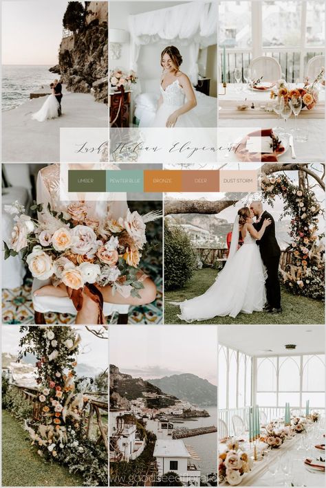 Elopement Color Schemes, Italian Wedding Color Palette, Italian Wedding Color Schemes, Coastal Wedding Colors, June Wedding Colors, Italian Elopement, Tropical Wedding Dresses, Barefoot Bride, Bohemian Wedding Bouquet