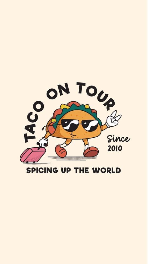 Logo design for TACO ON TOUR | Mascot character design | Mascot logo | Primary logo  Feeling the retro vibe? 😎 Loving this design? 😍 Want more? Head over to the link above now! Don't miss out! 🚀#RetroMascot #RetroMascotLogo Retro Taco Illustration, Taco Shop Logo, Taco Food Truck Design, Taco Character Design, Taco Aesthetic Wallpaper, Taco Restaurant Logo, Taco Logo Ideas, Food Truck Logo Ideas, Merch Logo Ideas