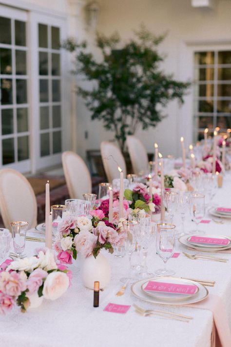 Pink Tablecloth Wedding, Pink Table Decorations, Pink Table Settings, House In California, Pink Tablescape, Pink Party Theme, Pink Tablecloth, Bridal Shower Inspo, Light Pink Wedding