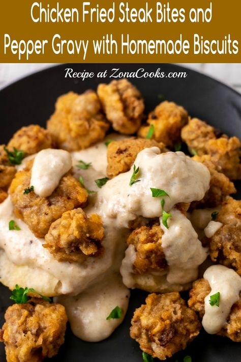 Chicken Fried Steak Bites, Fried Steak Bites, Easy Sausage Gravy, Flaky Buttermilk Biscuits, Baked Breaded Chicken, Chicken Fried Steak Recipe, Pepper Gravy, Fried Steak Recipes, Dinner Steak