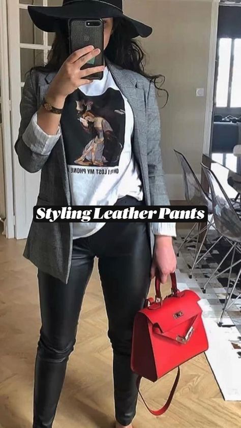 Sweatshirt And Faux Leather Leggings, Silk Blouse Leather Leggings, All Black Outfit Colorful Shoes, Leather Leggins Casual Outfit, How To Style Black Faux Leather Leggings, Faux Leather Pants Outfit Black Women, Black White And Gold Outfit Casual, Cute Winter/spring Outfits, Leather Pants Outfit Tennis Shoes