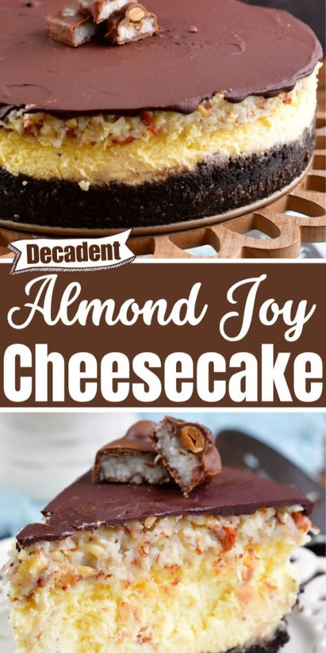 Almond Joy cheesecake is a perfect dessert for anyone who loves coconut! This decadent cheesecake features coconut and almond Oreo crust, smooth and creamy coconut cheesecake filling, a layer of sweet coconut and almond topping, and finished with chocolate ganache. Almond Joy Cheesecake Recipe, Almond Joy Cheesecake, Almond Joy Cake, Almond Joy Candy, Coconut Cheesecake, Holiday Baking Recipes, Chocolate Crust, Coconut Chocolate, Oreo Crust