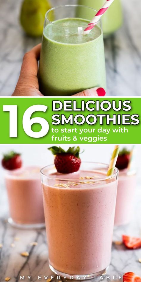 Smoothies are a delicious and healthy way to start your day. Packed with fruit, (and sometimes even veggies), protein, flavor, and plenty of energy, they are a great way to enjoy breakfast on-the-go. These nutritious smoothies will keep you going strong until lunchtime or give you the boost you need after a workout. Perfect for summer! Fruit Protein Smoothie, Veggie Smoothie Recipes, Protein Fruit Smoothie, Picky Toddler Meals, Veggie Smoothies, Delicious Smoothies, Chilled Desserts, Fruit And Veggie, Flavorful Vegetables