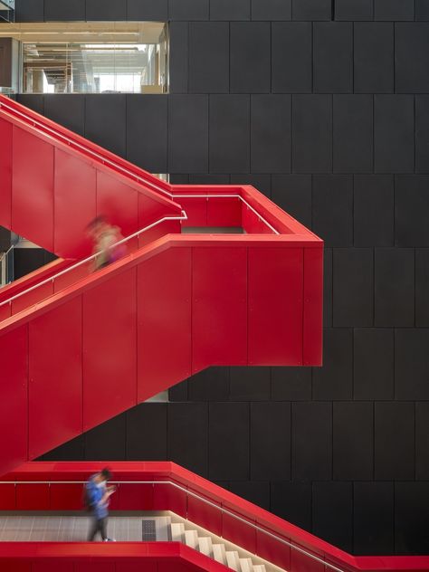 Red Stairs, Fritted Glass, American Architecture, Glass Facades, Commercial Architecture, Master Plan, Brutalism, Staircase Design, Stairs Design