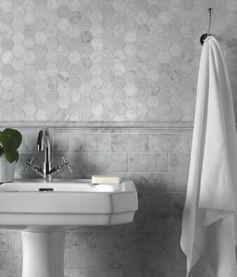 Carrara Bathroom, Nordic Inspiration, Black Mosaic, Hexagon Mosaic Tile, Pub Design, Dado Rail, Suite Bathroom, Victorian Bathroom, The Great