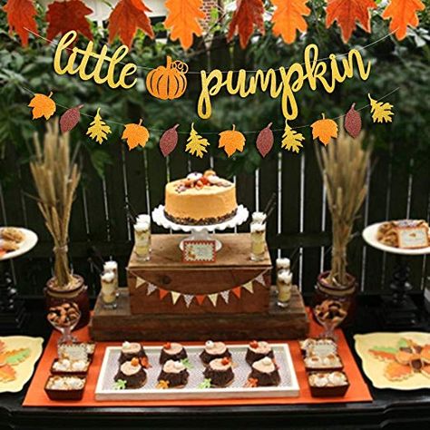 Fall Baby Shower Decor, Pumpkin Theme Baby Shower, Lil Pumpkin Baby Shower, Thanksgiving Baby Shower, Fall Baby Shower Themes, Pumpkin Banner, Glitter Party Decorations, Pumpkin Birthday Parties, Gold Glitter Party