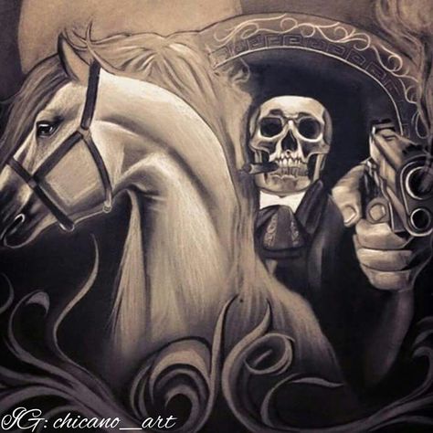 #chicano #chicanoart #tattoos #mexican #skeleton #sombrero #horse #pistol #mividaloca #evil #raza #mariachi Charro Skull Tattoo, Chicano Tattoo Designs, Mariachi Tattoo, Mexican Skeleton, Day Of The Dead Artwork, Chicano Love, Mexican Art Tattoos, Girl Face Tattoo, Gangsta Tattoos