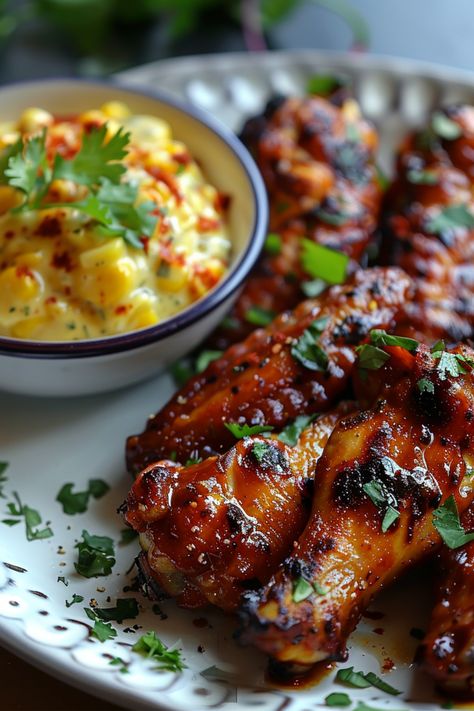 Gluten-Free Mexican Chipotle Wings with Creamed Corn Mexican Wings, Chipotle Wings, Spicy Food Mexican, Abs Excercise, Amazing Appetizers, Star Food, Creamed Corn, Dinner Inspiration, Food Garnishes