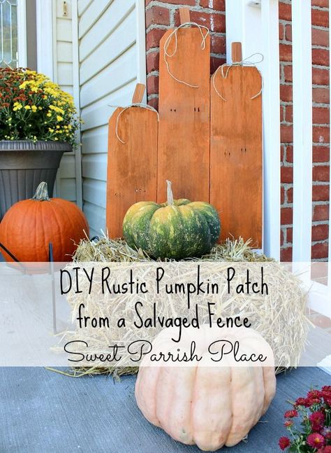 How to make a DIY pumpkin patch from salvaged fence posts- Great idea for Fall decor! Fence Post Crafts, Patch Crafts, Paint Stirrers, Pumpkin Patch Sign, Front Stoop, Diy Garden Fence, Champagne Taste, Rustic Pumpkin, Fence Posts