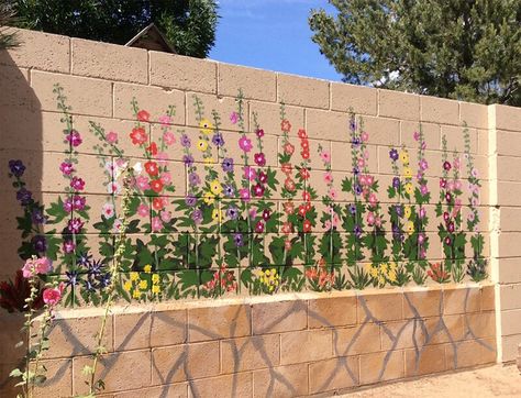 Backyard Wall Mural, Outdoor Wall Paint, Brick Wall Gardens, Exterior Murals, Garden Fence Art, Cinder Block Walls, Garden Mural, Flower Mural, Stucco Exterior