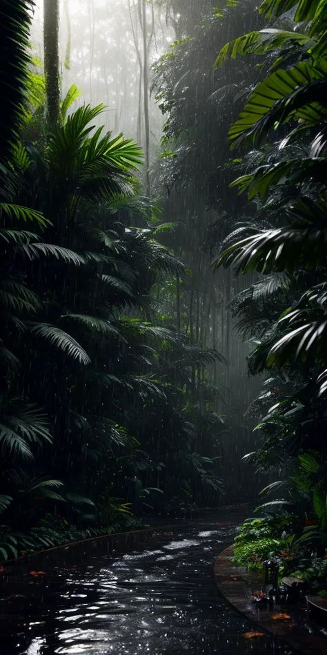 The image is a tall, narrow, vertical rectangle. It is a photo of a rainforest. The rainforest is very dense and green. The trees are tall and the leaves are large and lush. The ground is covered in plants. There is a river running through the middle of the rainforest. The river is wide and slow-moving. The water is clear and green. There is a small waterfall in the background. The waterfall is hidden by the trees. The rainforest is very quiet and peaceful. The only sound is the sound of the river flowing. Rainy Rainforest, Dark Rainforest, Rainforest Aesthetic, Vietnam Jungle, Heroes Theme, Jungle Waterfall, Fav Flower, Rain Aesthetic, Amazon Forest