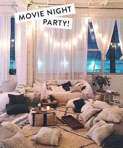 How To Upgrade Your Movie Night                                                                                                                                                                                 More Teenager Party, Girl Sleepover, Movie Night Party, Things To Do At Home, Birthday Party For Teens, Bonus Rooms, Movie Party, Home Cinema, Sleepover Party