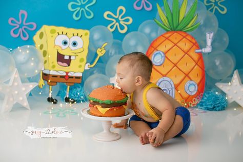 Spongebob Smash Cake 1st Birthdays, One Year Later Spongebob Birthday, Spongebob Smash Cake, Spongebob Photo Shoot, Spongebob 1st Birthday Party, Spongebob First Birthday Party, Spongebob Party Decorations, Spongebob Birthday Party Decorations, Spongebob Birthday Cake