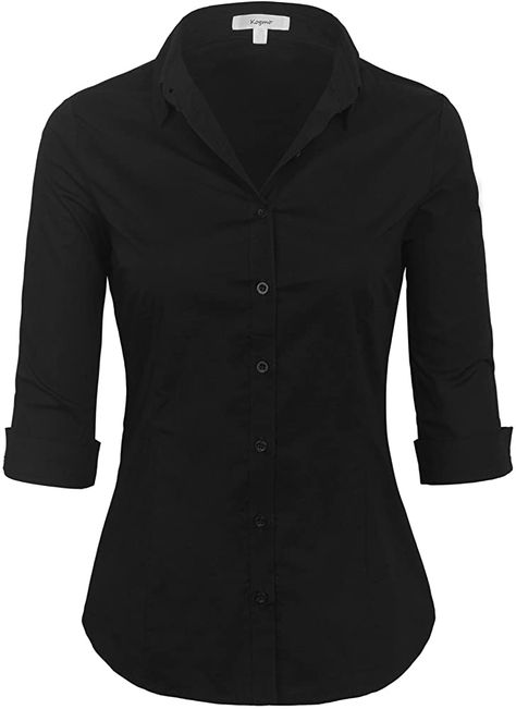 KOGMO Womens Classic Solid 3/4 Sleeve Button Down Blouse Dress Shirt (S-3X)-XL-Olive at Amazon Women’s Clothing store Black Button Up Shirt Women, Button Up Shirt Women, Ladies Tops Patterns, Whiskey Shirt, Black Button Up Shirt, Lace Sleeve Top, Womens Tops Summer, Work Shirt, Top Summer