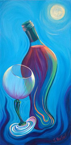 Abstract Wine Bottle & glass Art......"Wine Affair"  acrylic by  ©Sandi Whetzel #blues Wine And Canvas, Wine Painting, Wine Art, Simple Acrylic Paintings, Painting Class, Artist Websites, Painting Inspiration, Art Pictures, The Sky